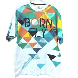 Born Fly Men's Tee Shirt Short Sleeves Size XL White with Multicolored Graphics